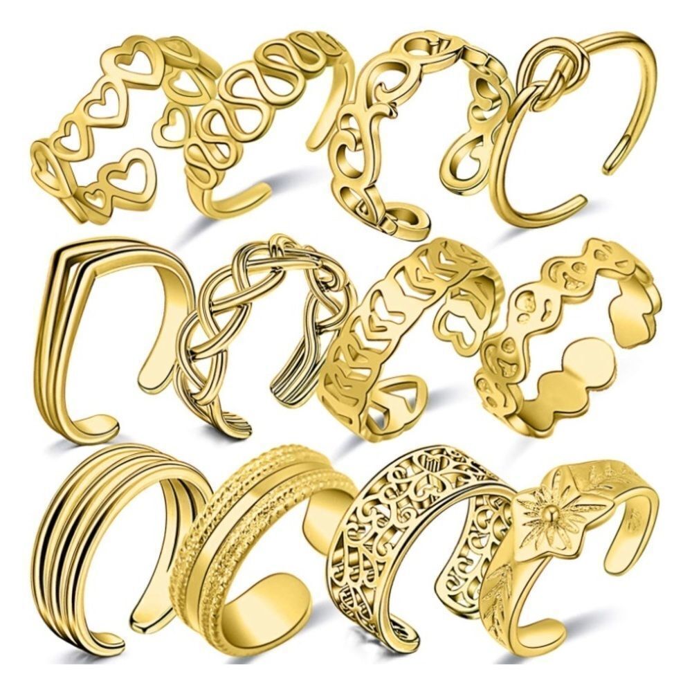Yellow Gold Adjustable Boho Open Toe Rings - Set of 12